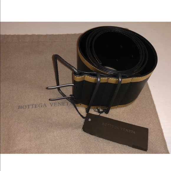 NWT BOTTEGA VENETA Black/Gold Wide Leather Belt - Picture 1 of 8